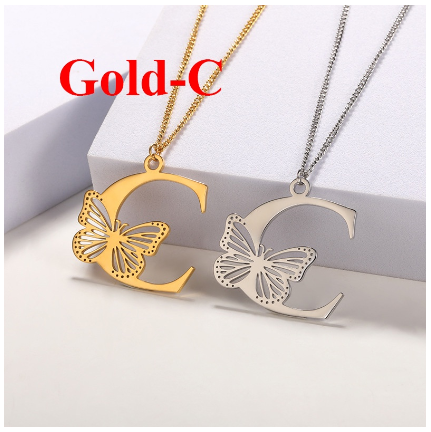 High-quality 18k Gold Plated A-Z Letters Necklace Stainless Steel Butterfly Necklace for Women Men Couple Fashion Jewelry C