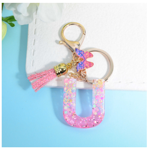 Glitter Star Sequin Filled 26 Letter Keychains With Butterfly Pendant Fashion Tassel Name Initials Key Chains Car Keyrings Gifts U