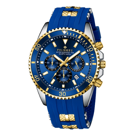 FILIEKEU Fashion Men Watch Analog Quartz Waterproof Sport Watches Stainless Steel Luminous Business Watch GOLD BLUE
