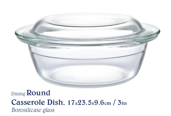 Chef's Classics Dining Glass Round Casserole Dish, 17x23.5x9.6cm / 3lts