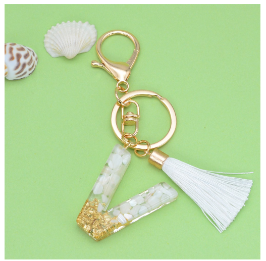 1Pc Gold Tassel Alphabet Keychain English Letter Keyring Glitter Gradient Resin Gold Leaf Crafts Car Mirror Handbag Charms V