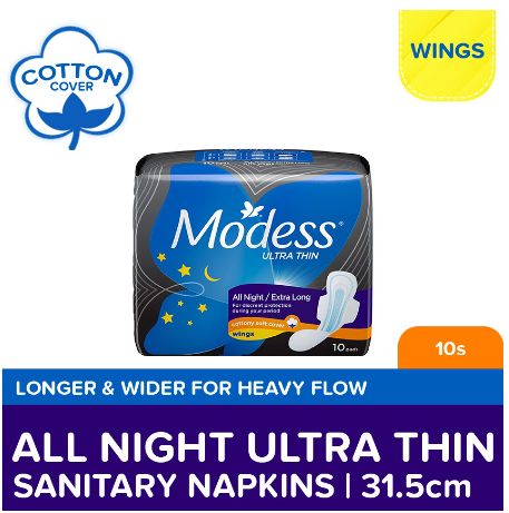 Modess All Night Ultra Thin Extra Long with Wings Sanitary Napkin 10s - Med-Heavy Flow,Thin Pad