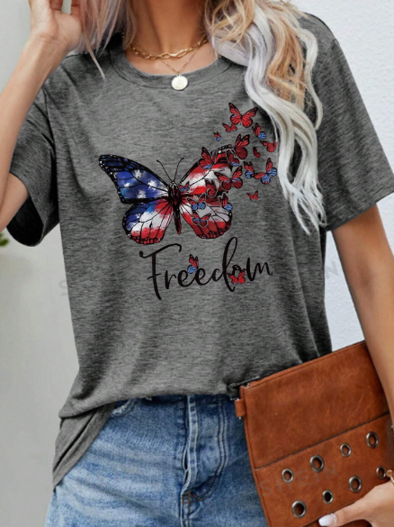 SHEIN LUNE Butterfly Print T-Shirt, Insect Biology Letter Print Tee, Graphics And Text Combo Print Summer Top Women's Crew Neck Short Sleeve Tee, Casual