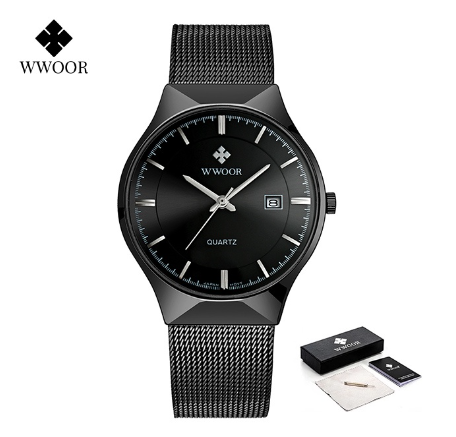 Wwoor Luxury Ultra Thin Men Quartz Wristwatch Waterproof Casual Sports Mesh Steel Gold Automatic Date Watch ALL BLACK