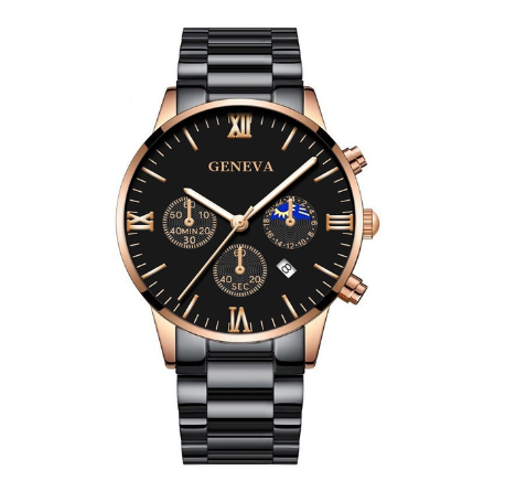 GENEVA High Quality Luxury Silver Mens Full Steel Business Quartz Wacthes Mens Original Waterproof Fashion Wristwatch Men Watch Relo ROSEGOLD BLACK