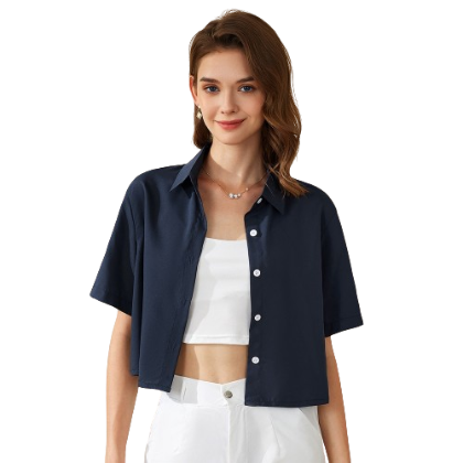 Lovito Women Casual Plain Collar Croptop Blouse L20D1261 (Blue)