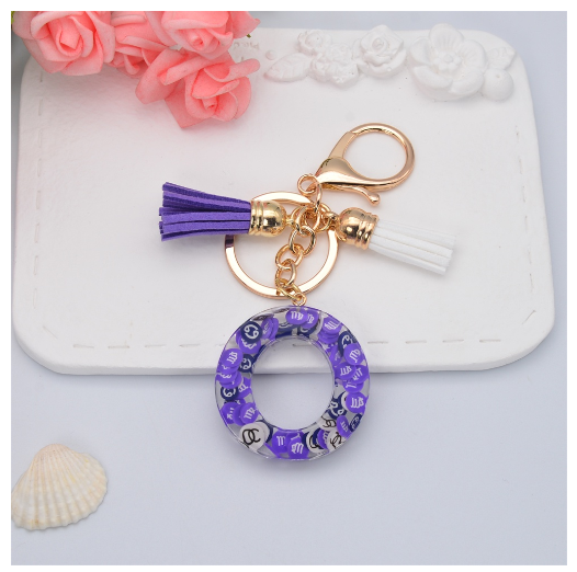 New 26 Letters Constellation Symbol Slice Resin Keychain Charms Women Handbag Ornaments With Tassel Key Ring Accessories Gift O