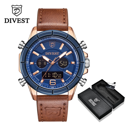 DIVEST Fashion Brand Men's Watches Chrono Sport Male Military Dual Display Men Watch Waterproof Luminous 9002 ROSEGOLD BLUE LIGHT BROWN