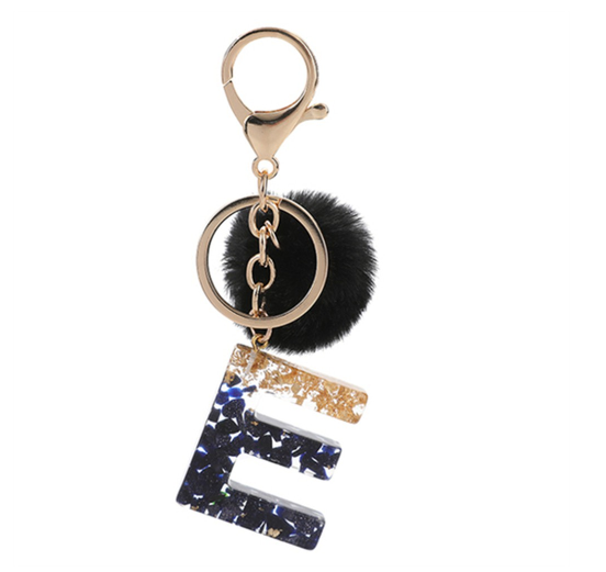 New Black Pompom 26 English Alphabet Resin With Gold Foil Keychain Charms Exquisite Letter Keyring E