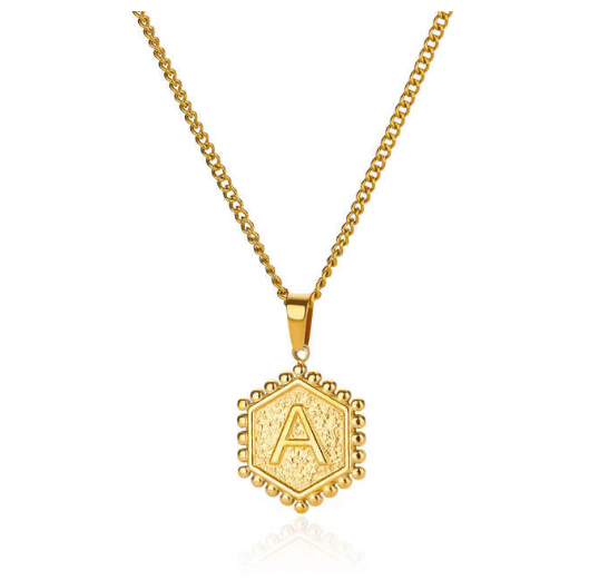 Fashion Hexagon A-Z Letter Necklaces For Women Stainless Steel Initial Hexagon Pendant Necklace A