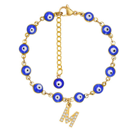 Vnox Initial Letters Evil Eye Bracelet for Women,Turkish Blue Eye Alphabet Bracelets Kabbalah Protection A-Z Jewelry