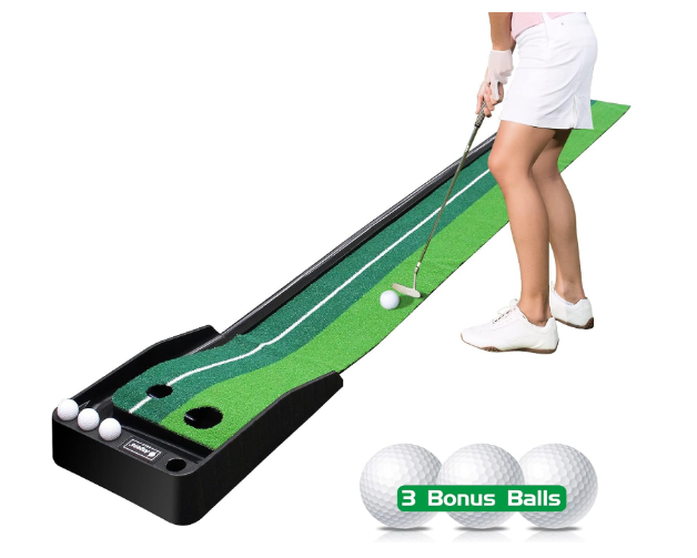 Golf Putting Green Mat with Auto Ball Return System 2 Holes / 2 Sizes Golf Game Practice Equipment and Golf Gifts for Home Office Backyard Indoor Outdoor Use - 9.8 Feet with 3 Bonus Balls