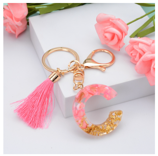 Pink Tassel Gold Foil 26 Letter Pendent Keychain for Women Resin Keyrings Girls Bag Ornamant Accessories Gifts C
