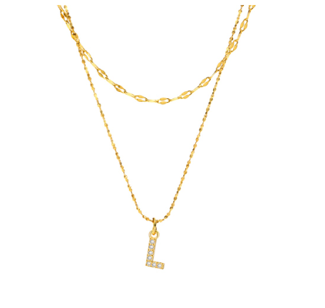 Vnox Double Layered Letter Initial Pendant Necklace,Gold Plated Shiny Zircon Alphabet Charm Necklace for Women L