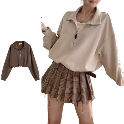 Lovito Women Casual Plain Zipper Sweatshirt LNA38229 (Coffee/Apricot)