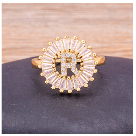 Initial 26 Alphabet Adjustable Size Gold Color Zircon A-Z Letter Ring Statement Name Jewelry R