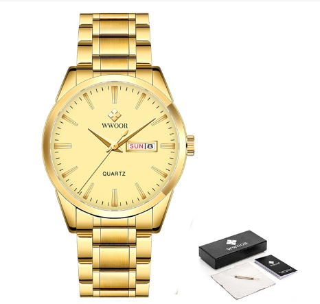 Wwoor Watch Men Stainless Steel Waterproof Quartz Wristwatch Date Relogio Masculino Watch ALL GOLD