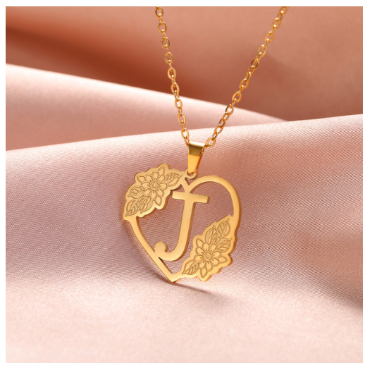 A-Z Initial Flower Necklace Women Stainless Steel Letter Heart Pendant Necklace Choker J