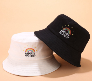 New Hot Rainbow Paoiate Positivity Embroidery Bucket Hat Outdoors Sunscreen Cotton Fishing Pool Chapeau Sun Preventing Unisex Hat