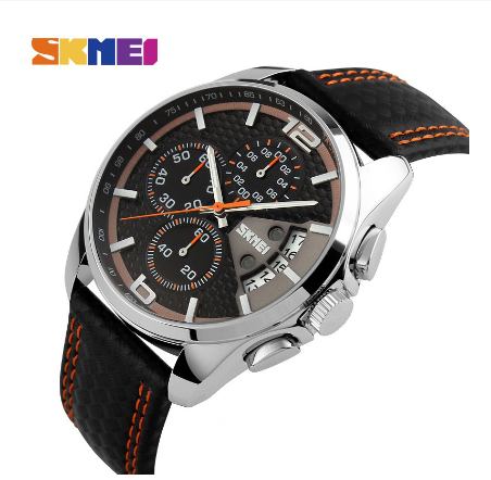 Skmei Quartz Watch Men Leather Strap Waterproof Watch ORANGE