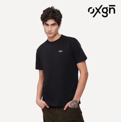 OXGN Basic Graphic Print T-Shirt For Men (Black/Dark Green)