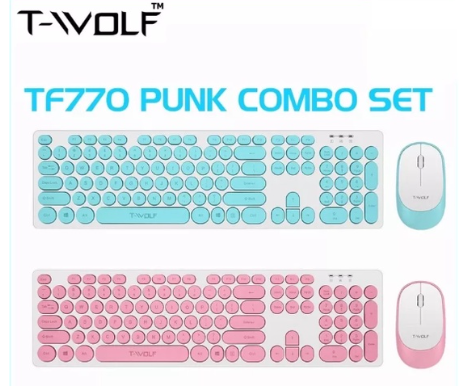 T-WOLF TF770 PUNK wireless USB Keyboard And Mouse Set For Gaming Office Work from Home Pink and Blue