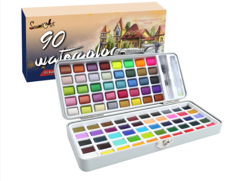 SeamiArt 90 Colors Solid Watercolor Painting Set With Tin Box