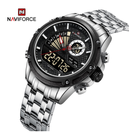 Naviforce NF9205 Men Luxury Top Brand LED Waterproof Full Steel Quartz Digital Military Watch BLACK SILVER