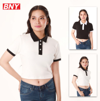 BNY Ladies Rib Contrast Color Collar and Sleeve Bands Cropped Shirt 419