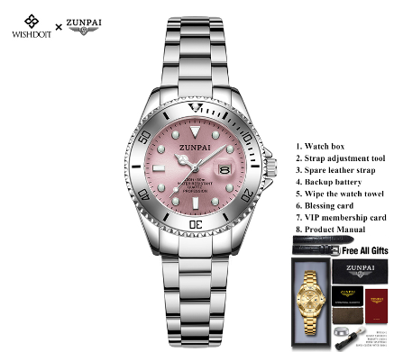 ZUNPAI Watch for Woman Original Waterproof Stainless Steel Silver Gold Business Fashion Trend Luminous Calendar Women Watch SILVER PINK