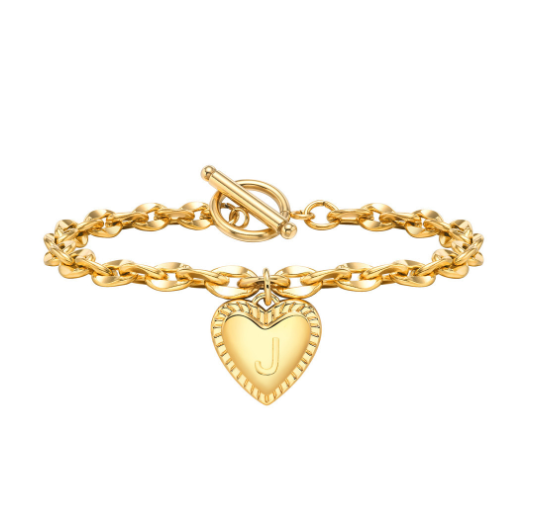 Vnox A-Z Letter Heart Charms Bracelet for Women Girl 18K Gold Elegent Love Stainless Steel Link Chain Initial Jewelry Birthday Present J