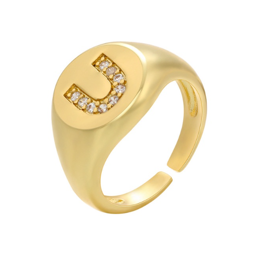 Maxzone A-Z Letter Hip Hop Gold Color Metal Finger Rings Adjustable Opening Ring Initials Name Alphabet Female Party Fashion Jewelry U