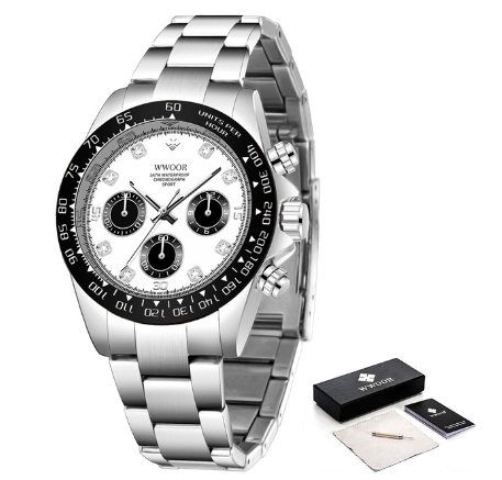 Wwoor Top Brand Men Sports Quartz Watches Stainless Steel Military Waterproof Chronograph Date Luxury BLACK WHITE SURFACE