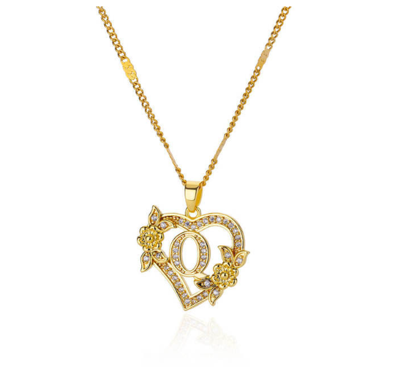 Zircon Stainless Steel Heart Flower Letter Necklaces For Women Gold Color A-Z Letter Heart Necklace O