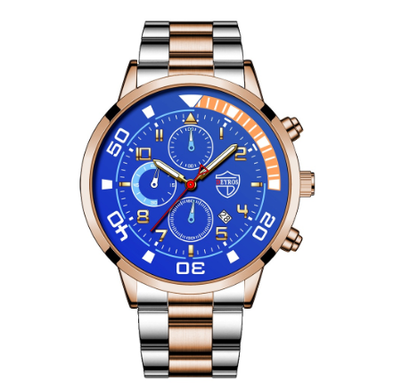 DEYROS Luxury Gold Men's Steel Band Calendar Watch Sports Waterproof Mens Quartz Wrist Watch Men Watch Relo Ng Kalalakihan ROSEGOLD BLUE