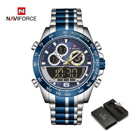 Naviforce NF9188 Men Luxury Gold For Digital Sport Chronograph Quartz Military Steel Band Waterproof Wristwatch BLUE