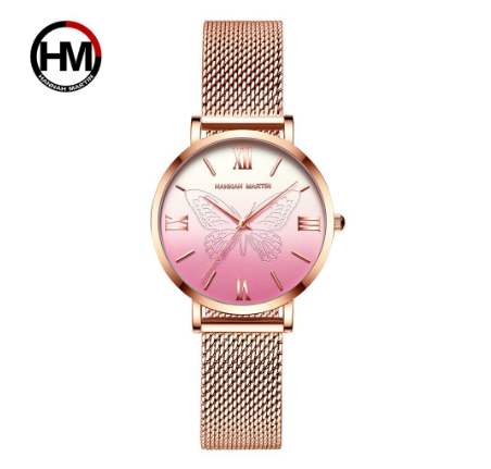 Hannah Martin Women Watches Japan Quartz Movement Watch 3D Butterfly dial Stainless Steel Waterproof Wristwatch PINK