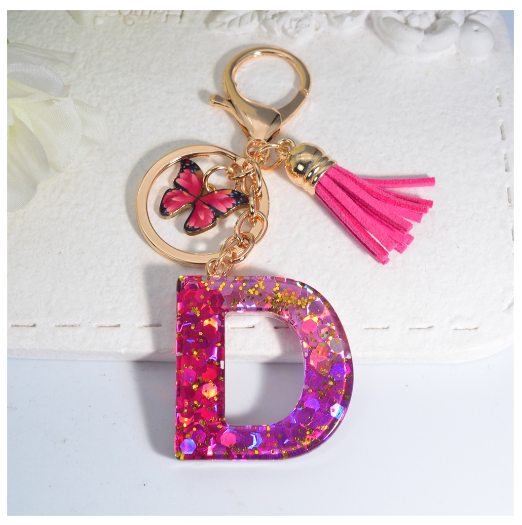 Fashion Gradient A-Z Letter Keychains Sweet Butterfly Tassels Pendant Alphabet Keyrings Name Initials Key Chains Accessories D