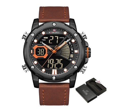 Naviforce Men's Top Luxury Brand Military Men Watch Led Digital Leather Sports Quartz Watches ORANGE BROWN