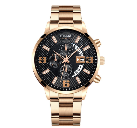 YOLAKO Stainless Steel Men's Quartz Sport Waterproof Watch Men Relo Watch STEEL ROSEGOLD BLACK