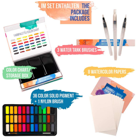 SeamiArt 36 Colors Solid Watercolor Set With 3 Pcs. Water Brush Pens And 8 Pcs. Drawing Paper