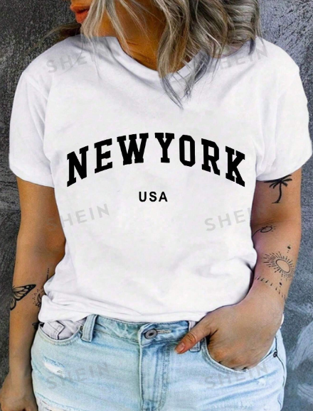 SHEIN EZwear Letter Graphic Round Neck Tee, Women's Plus Size USA New York Casual Print Short Sleeve T-Shirt Summer Top
