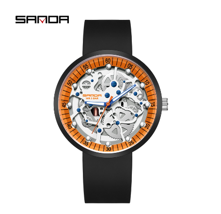 Sanda Trendy Energetic Fashionable Simple Luxurious Drop Resistant Waterproof Stone Rock Watch BLACK ORANGE