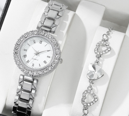 Original Waterproof Silver Steel Leather Strap Watch for Women with Bracelet