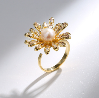 Sunflower Freshwater Pearl Ring Adjustable Index Finger Ring