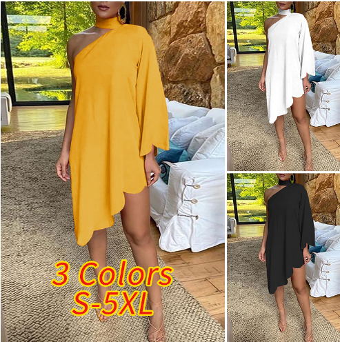 Women Solid Color One Shoulder Sexy Evening Irregular Hem Asymmetric Dress
