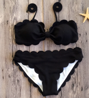 Push Up Bikinis 2023 Swimsuit Scalloped Trim Swimwear Women Black Yellow Red Bandeau Bathing Suit Women Solid Biquini Beach Wear