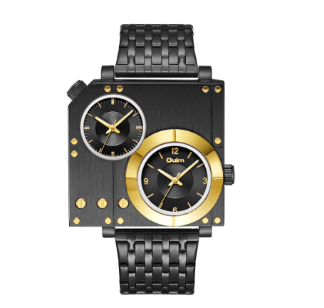 Oulm Square Personality Casual Large Dial Men's Watch Double Time Zone Steel Band Quartz Men Gold BLACK