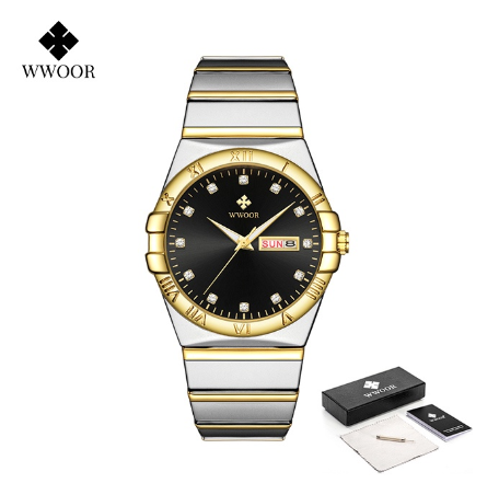Wwoor Top Brand Luxury Stainless Steel Quartz Men's Watches Waterproof Men Wristwatches BLACK DIAL TWO TONE