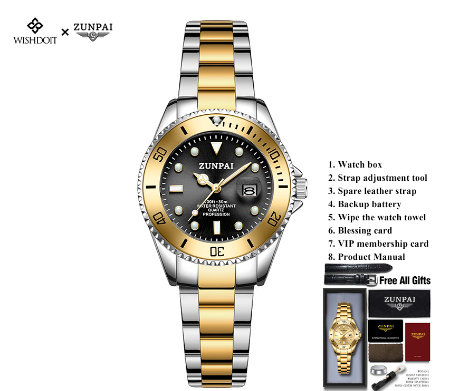 ZUNPAI Watch for Woman Original Waterproof Stainless Steel Silver Gold Business Fashion Trend Luminous Calendar Women Watch GOLDEN BLACK